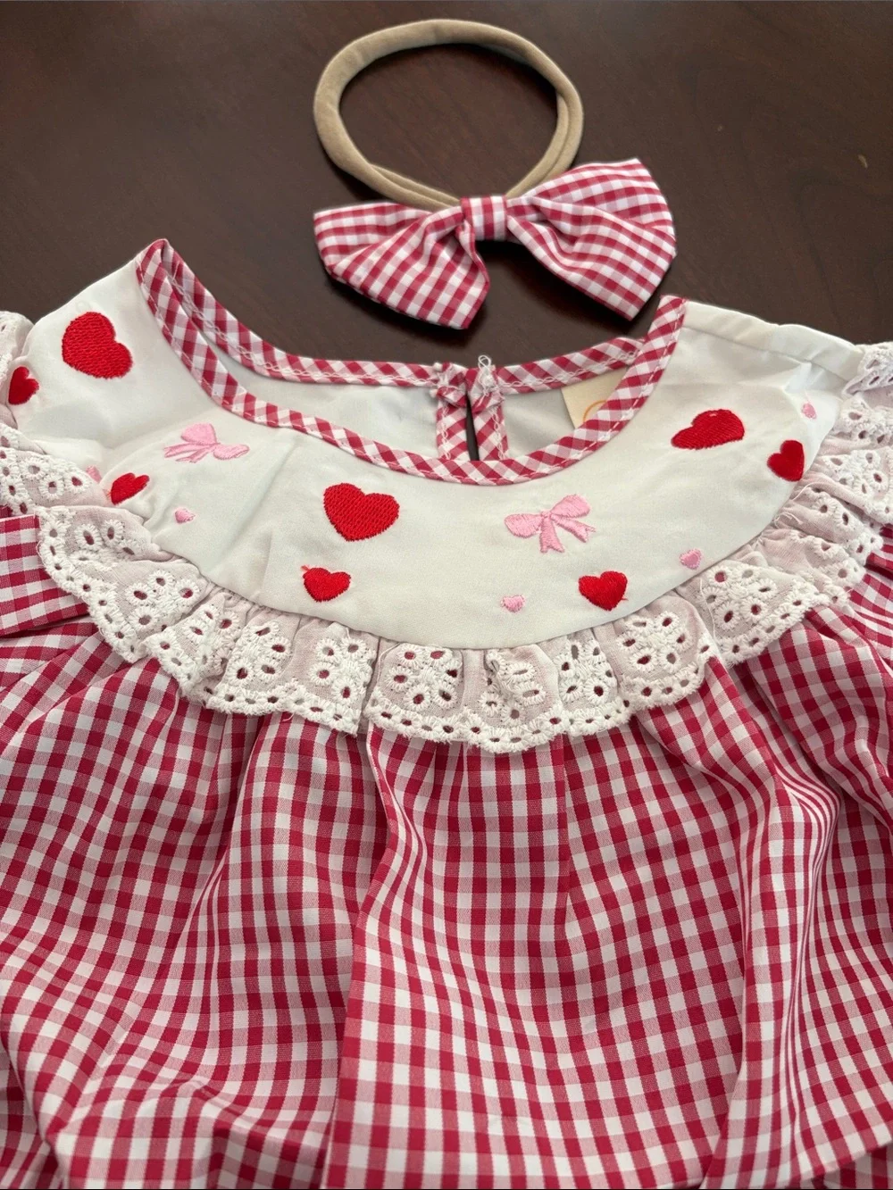 Red check Heart Baby Romper Matching Bow Headband Valentine Set Embroidered